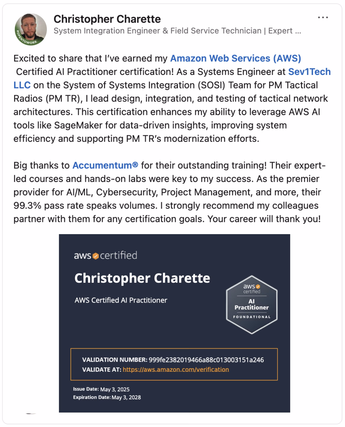 Client Endorsement of Accumentum AWS AI Practitioner Certification Training